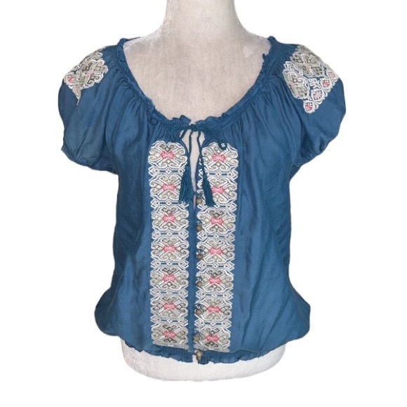 Joie Silk Blend Blue Green Teal Embroidered Puff Sleeve Tie Neck Cropped Top - M - Picture 1 of 10